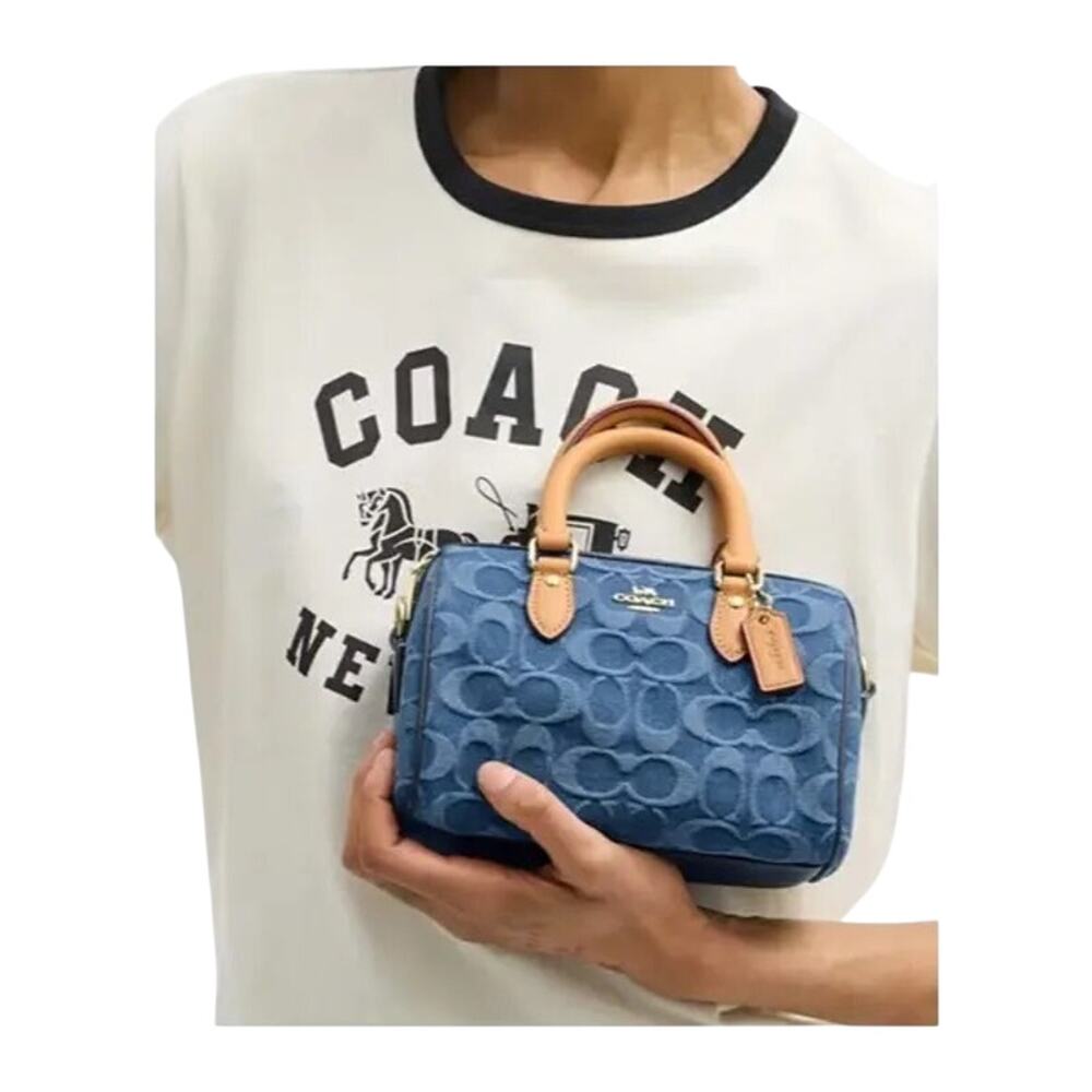 Coach Mini Rowan Crossbody Bag in Signature Denim with tan leather trim NWT - Picture 3 of 5